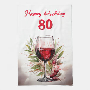 Rustic Watercolor Red Wine Glass 80th Birthday Tea Towel