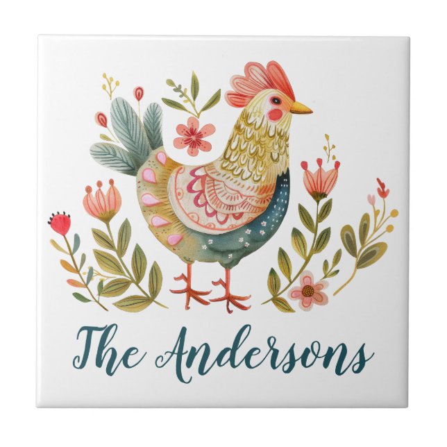 Rustic Watercolor Rooster Kitchen Decor Ceramic Tile (Front)