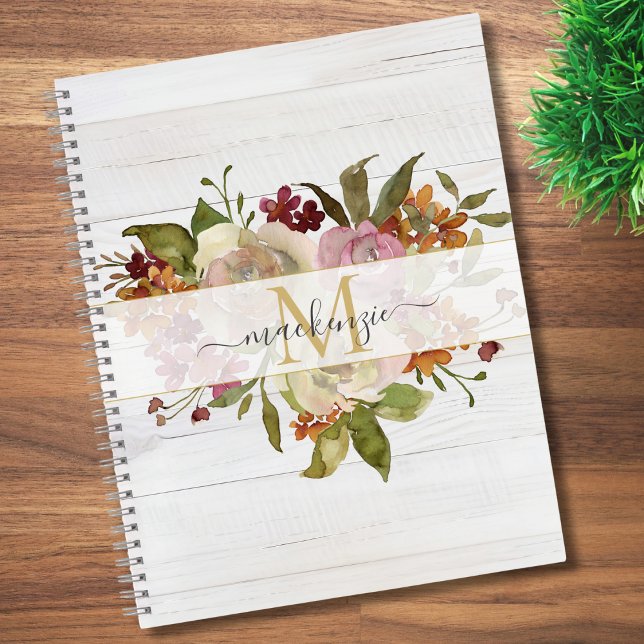Rustic Watercolor Rose Bouquet Monogram Notebook (Creator Uploaded)
