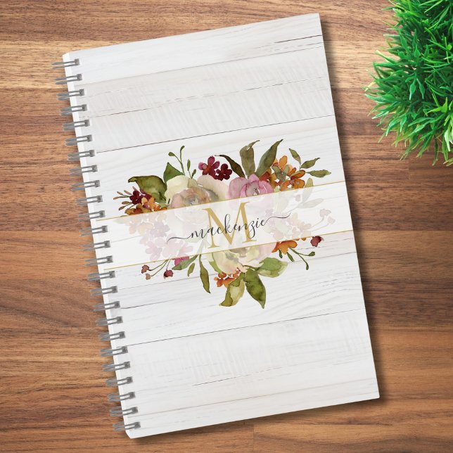Rustic Watercolor Rose Bouquet Monogram Notebook (Creator Uploaded)