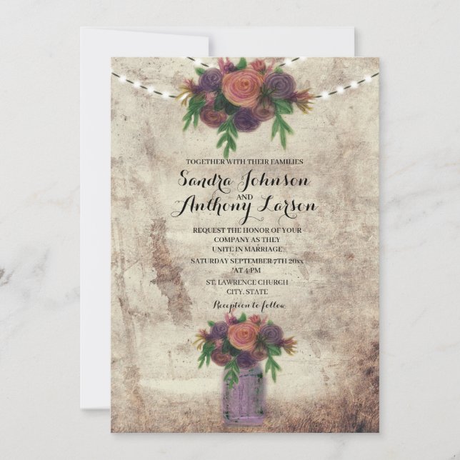 Rustic Watercolor Rose & Mason Jar Wedding Invite (Front)