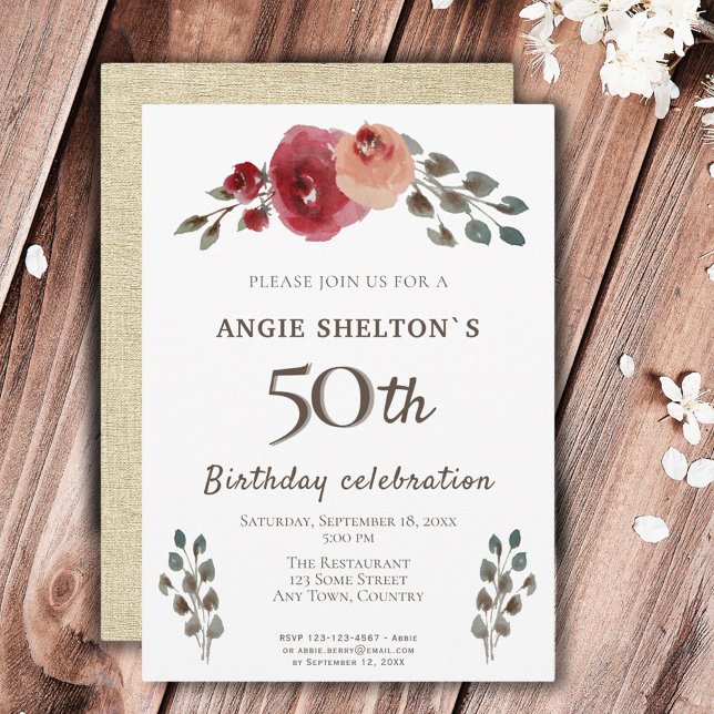 Rustic Watercolor Roses Floral 50th Birthday Party Invitation (Creator Uploaded)