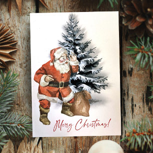 Rustic Watercolor Santa With Bag Custom Christmas Holiday Card