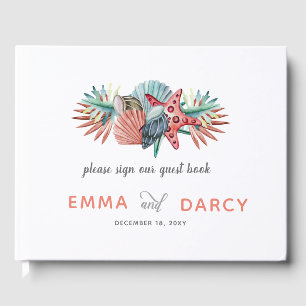 Rustic Watercolor Seashells Starfish Beach Wedding Guest Book