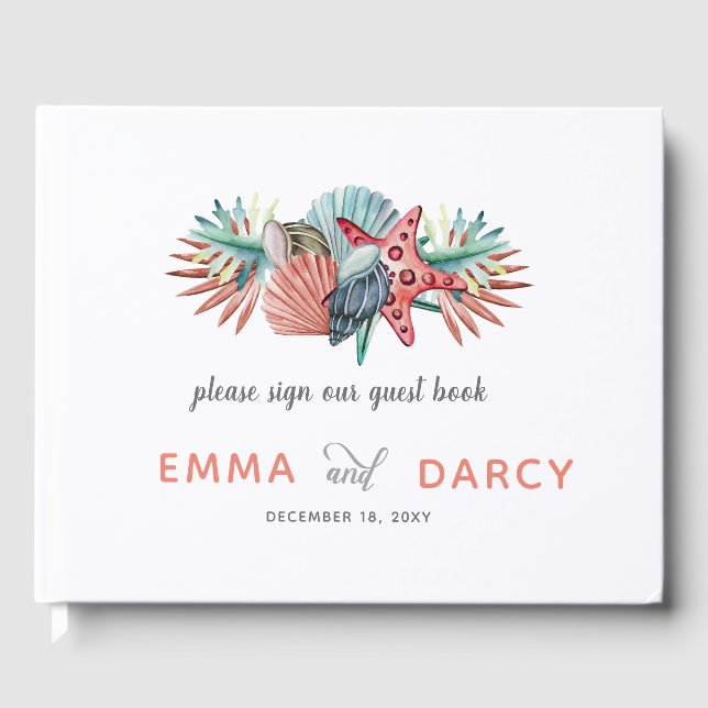 Rustic Watercolor Seashells Starfish Beach Wedding Guest Book (Front)