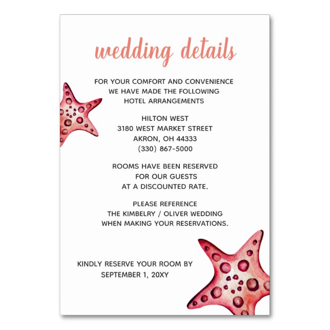 Rustic Watercolor Seashells Starfish Beach Wedding Table Number (Front)