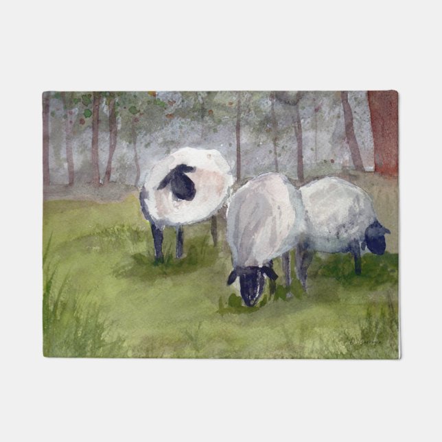 Rustic Watercolor Sheep Doormat (Front)