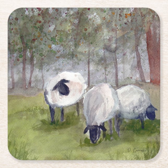 Rustic Watercolor Sheep Square Paper Coaster (Front)