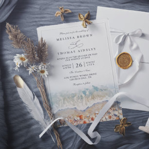 Rustic Watercolor Shell Beach Chic QR Code Wedding Invitation