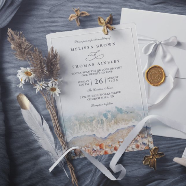 Rustic Watercolor Shell Beach Chic QR Code Wedding Invitation (Creator Uploaded)
