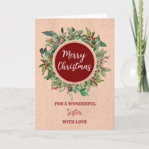 Rustic Watercolor Sister Merry Christmas Card