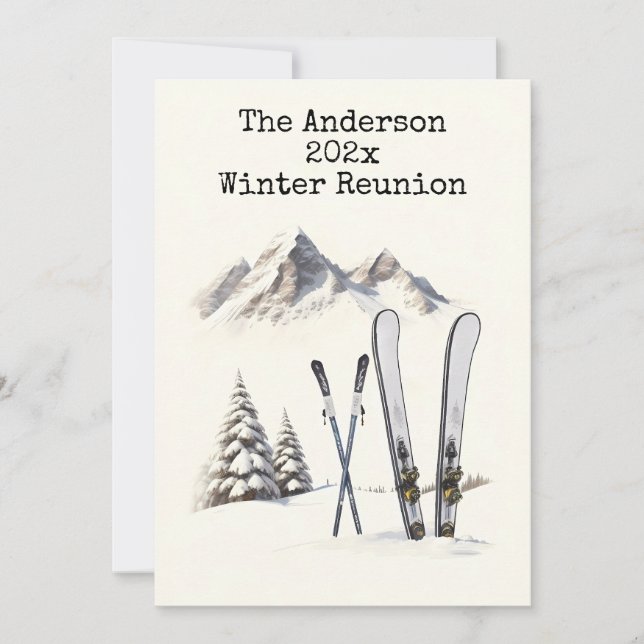 Rustic Watercolor Ski Snow Mountain Family Reunion Invitation (Front)