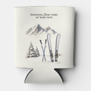 Rustic Watercolor Ski Snow Tree Mountain Winter Can Cooler