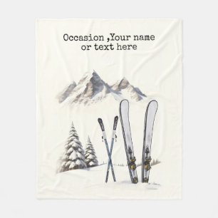 Rustic Watercolor Ski Snow Tree Mountain Winter Fleece Blanket
