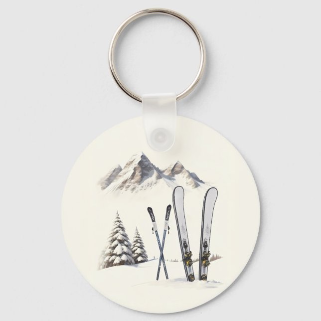 Rustic Watercolor Ski Snow Tree Mountain Winter  Key Ring (Front)