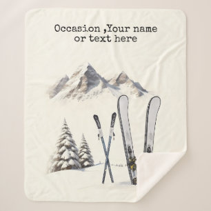 Rustic Watercolor Ski Snow Tree Mountain Winter Sherpa Blanket