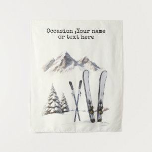 Rustic Watercolor Ski Snow Tree Mountain Winter Tapestry