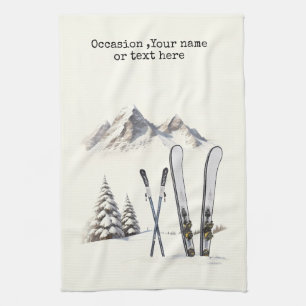 Rustic Watercolor Ski Snow Tree Mountain Winter  Tea Towel