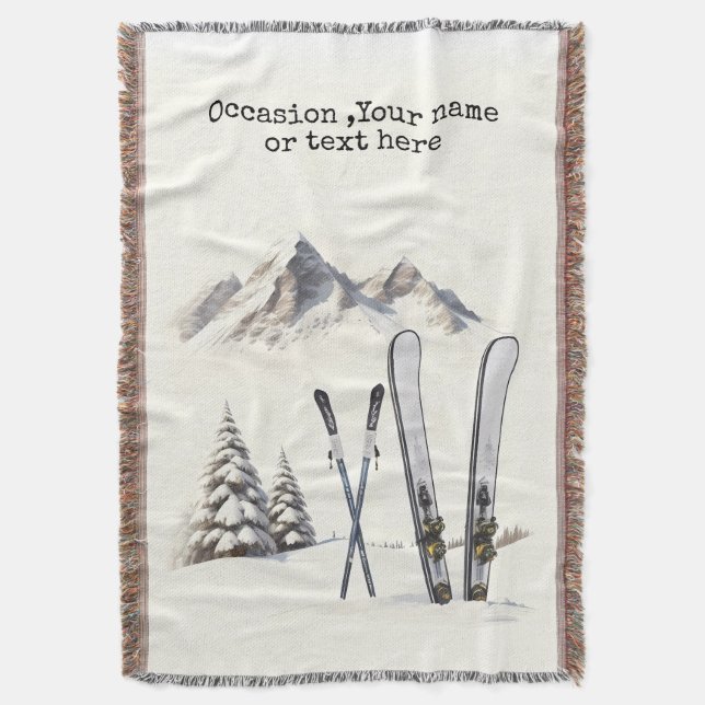 Rustic Watercolor Ski Snow Tree Mountain Winter Throw Blanket (Front Vertical)