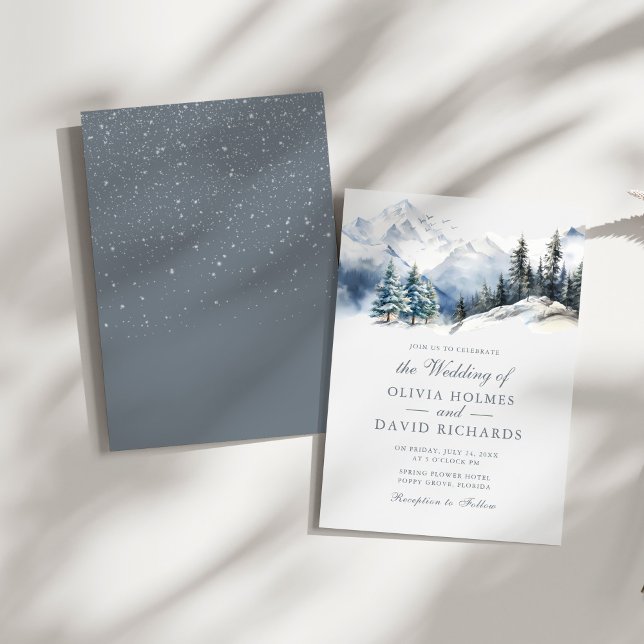 Rustic Watercolor Snow Mountain Pine Trees Wedding Invitation (Rustic Watercolor Snow Mountain Pine Trees Wedding Invitation on a sunny white table.)