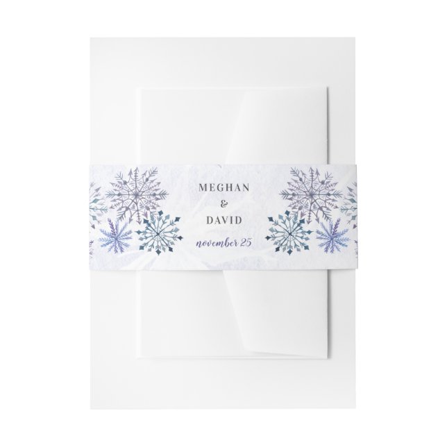 Rustic Watercolor Snowflakes Blue Winter Wedding Invitation Belly Band (Front Example)