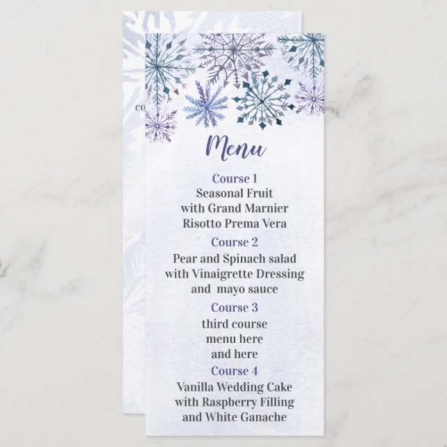 Rustic Watercolor Snowflakes Blue Winter Wedding Menu (Front/Back)