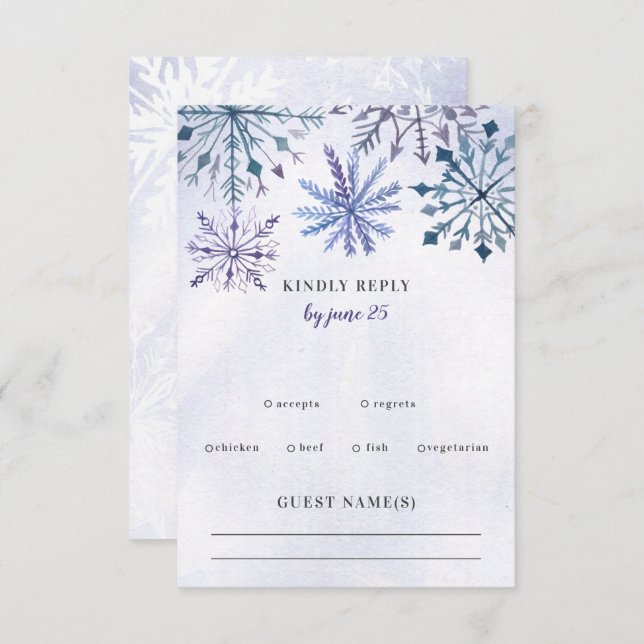 Rustic Watercolor Snowflakes Blue Winter Wedding RSVP Card (Front/Back)