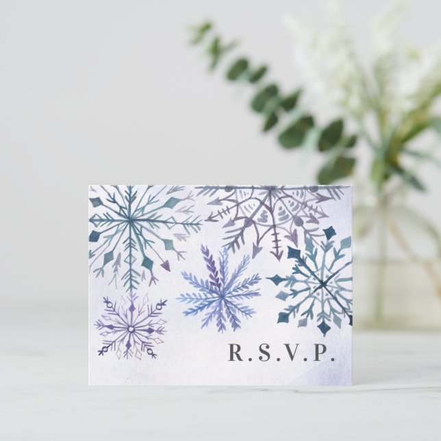 Rustic Watercolor Snowflakes Winter Wedding RSVP Invitation Postcard (Standing Front)