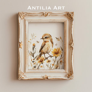 Rustic Watercolor Sparrow Bird Painting Wildflower Poster