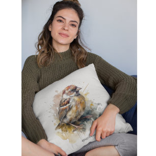 Rustic Watercolor Sparrow, custom Cushion