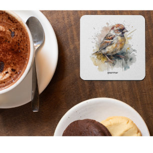 Rustic Watercolor Sparrow, custom Glass Coaster