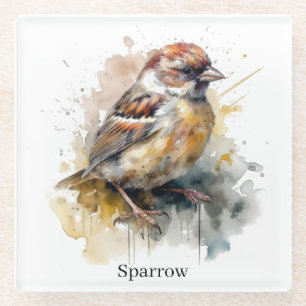 Rustic Watercolor Sparrow, custom Glass Coaster
