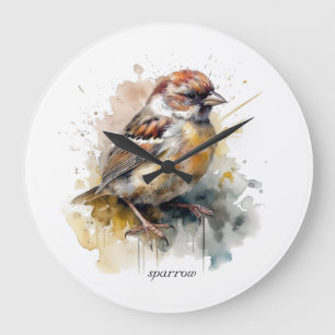 Rustic Watercolor Sparrow, custom Large Clock