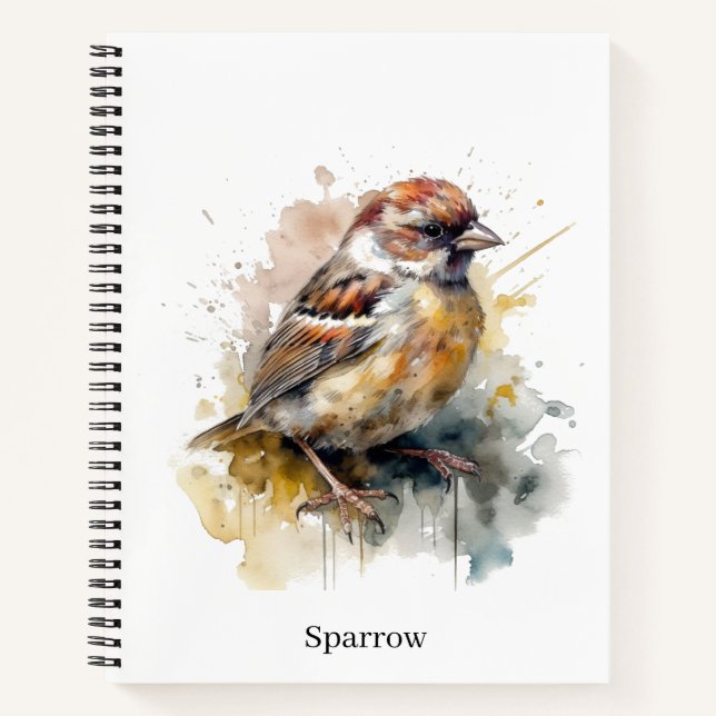 Rustic Watercolor Sparrow, custom Notebook (Front)