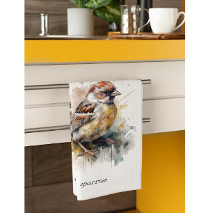 Rustic Watercolor Sparrow, custom  Tea Towel