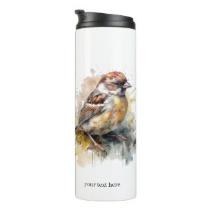 Rustic Watercolor Sparrow, custom Thermal Tumbler