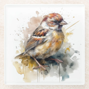 Rustic Watercolor Sparrow Glass Coaster