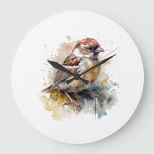 Rustic Watercolor Sparrow Large Clock