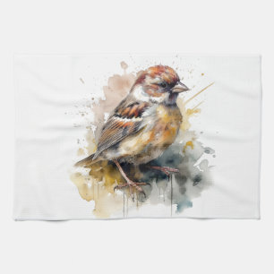 Rustic Watercolor Sparrow Tea Towel