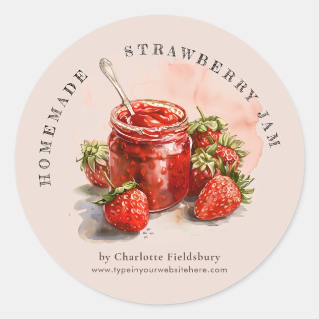Rustic Watercolor Strawberry Jam Jar Canning Label (Front)