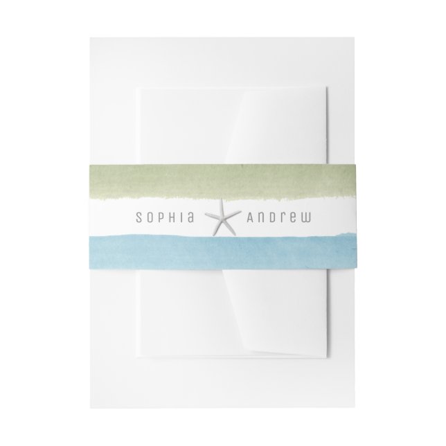 Rustic watercolor stripes nautical beach wedding invitation belly band (Front Example)