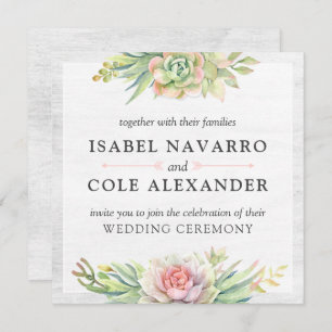Rustic Watercolor Succulent Cactus Square Wedding Invitation