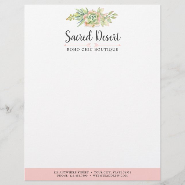 Rustic Watercolor Succulent Desert Cactus Boho Custom Letterhead (Front)