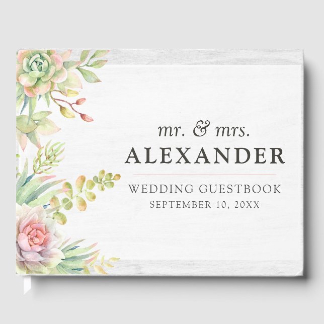 Rustic Watercolor Succulent Desert Cactus Wedding Guest Book (Front)