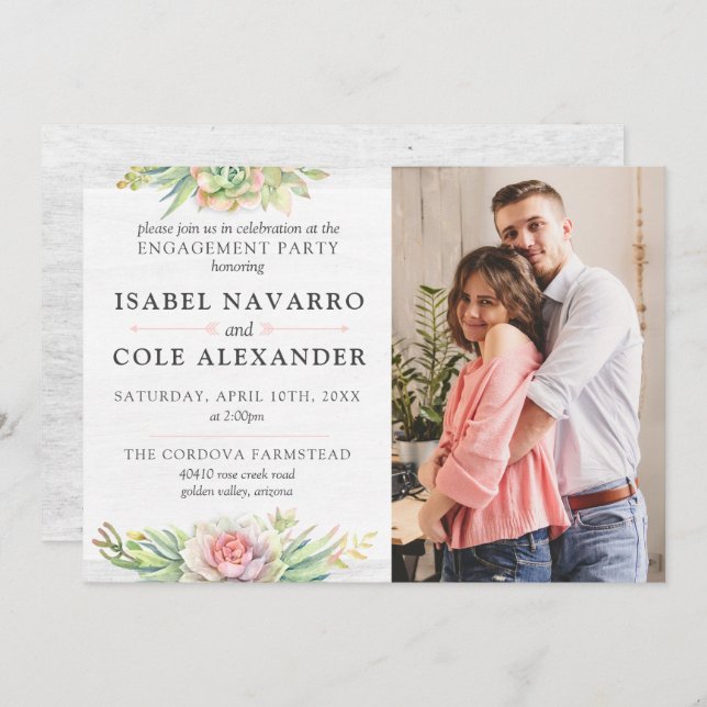 Rustic Watercolor Succulent Engagement Party Photo Invitation (Front/Back)