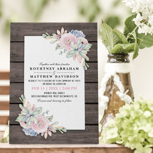 Rustic Watercolor Succulent Peach Pink Wedding Invitation