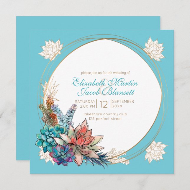 Rustic Watercolor Succulent, teal Wedding Invitation (Front/Back)