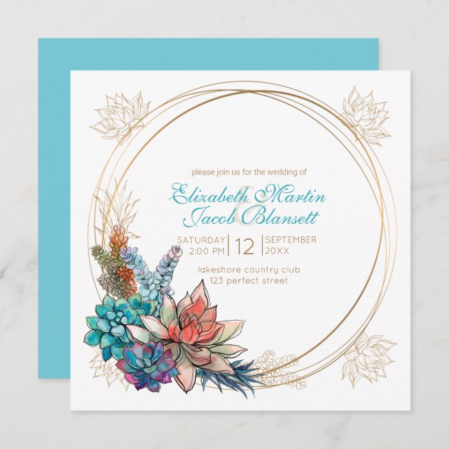 Rustic Watercolor Succulent, teal Wedding Invitation (Front/Back)