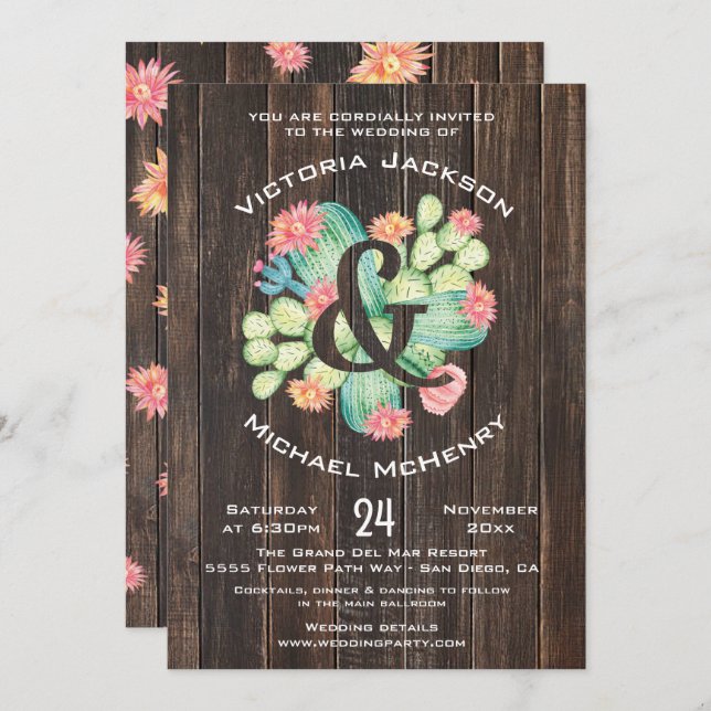 Rustic Watercolor Succulent Wedding Invitation (Front/Back)