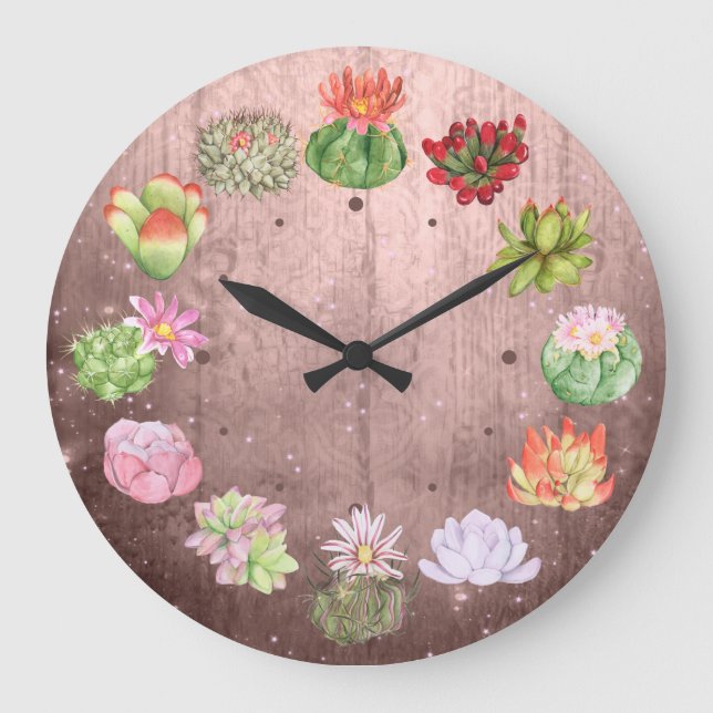 Rustic Watercolor Succulents Large Clock (Front)
